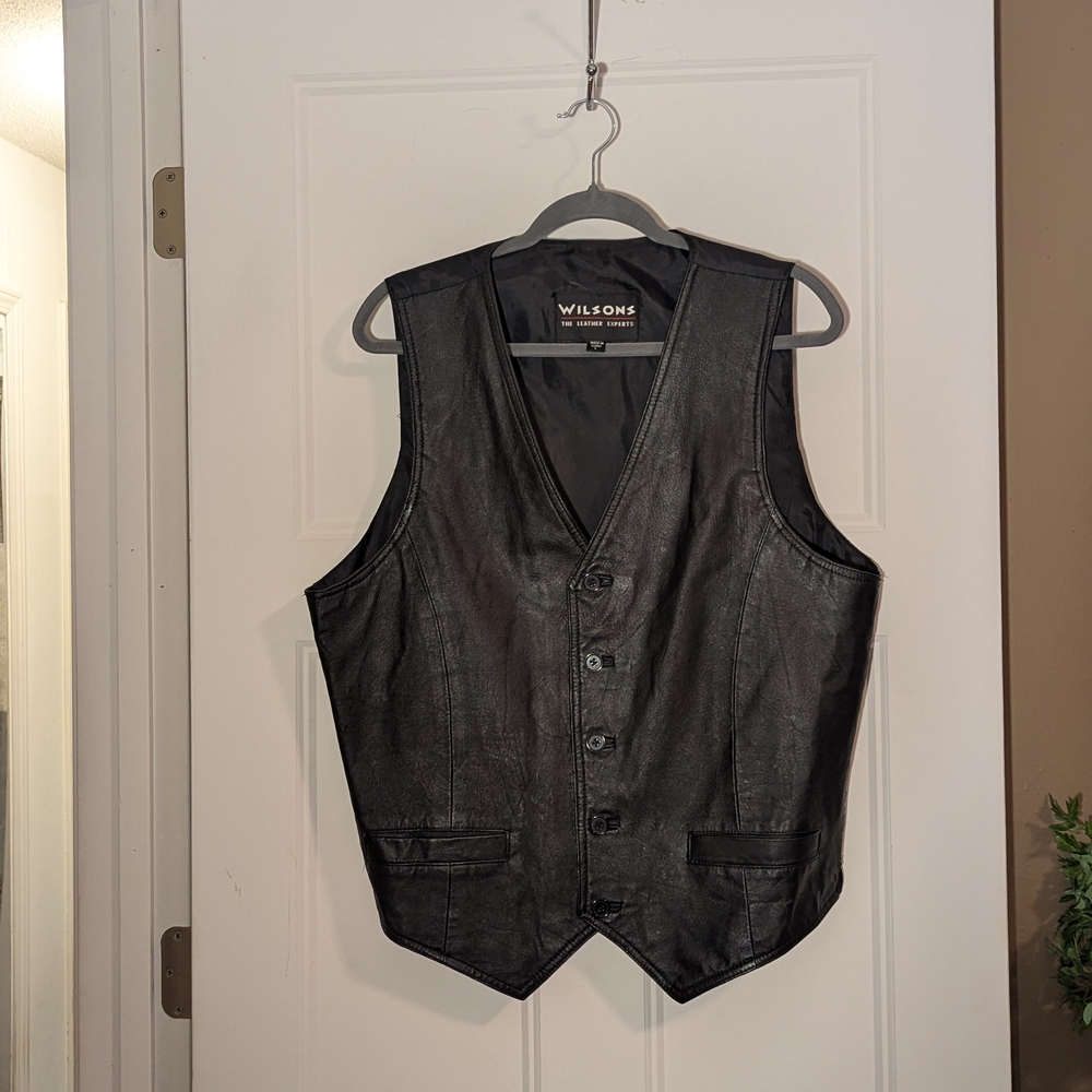 Wilson Vintage Black Moto Genuine Leather Vest. Size Large. Bikercore.